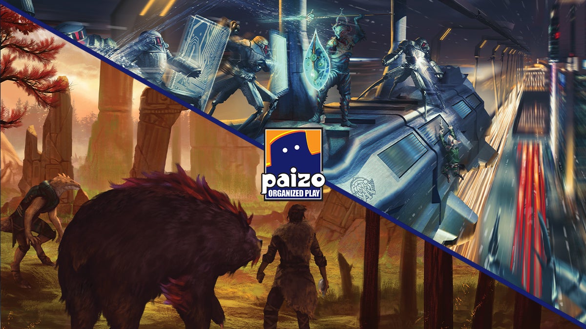 Pathfinder illustration of a bear in the woods and Starfinder Illustration of a battle taking place on the top of a high speed train