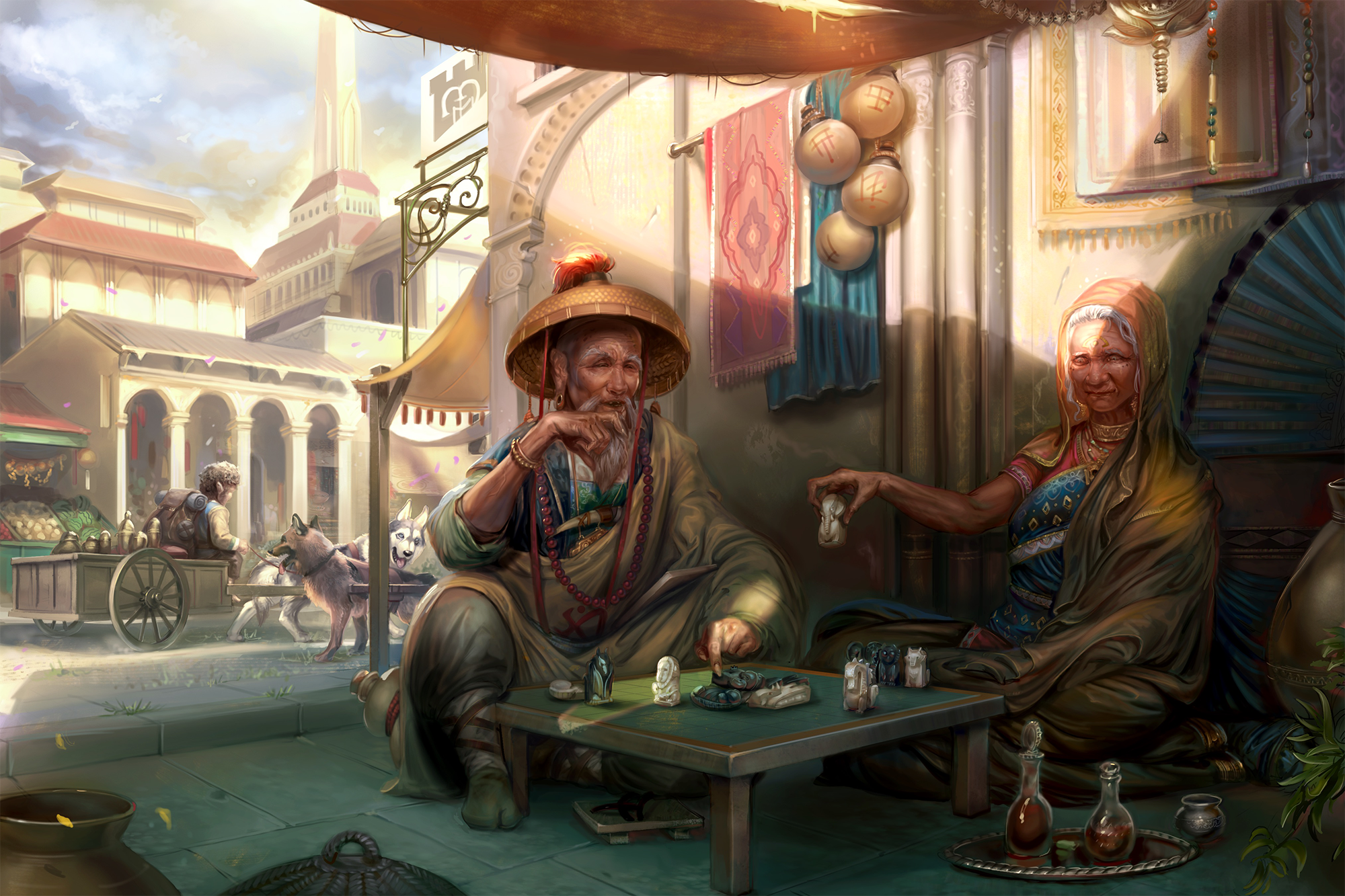 Under an awning on a busy urban street, an elderly man and woman sit across from one another at a game board covered in intricate tiles