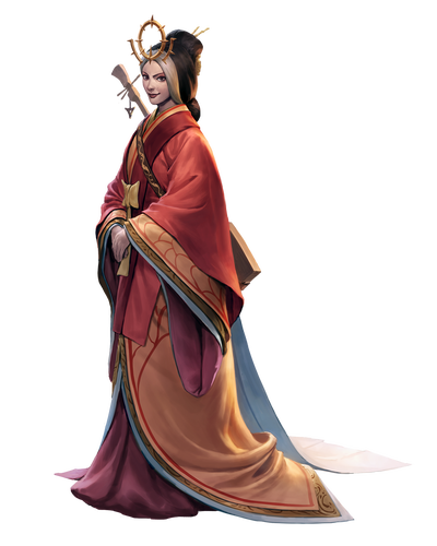 Empress Amatatsu Ameiko of Minkai, dressed in warm red and yellow robes(art by Gunship Revolution) 
