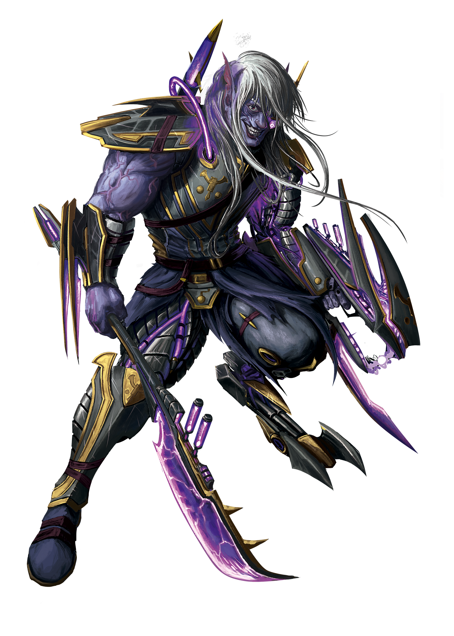 Kebzec. A muscular male drow with long white hair, purple skin, and numerous cybernetic augmentations grins maniacally, eager for battle.