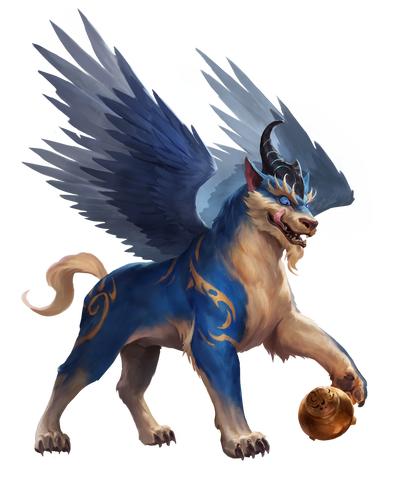 The exuberant pixiu, a blue dog-like creature with horns protruding from its head and wings from its body (art by Gunship Revolution)