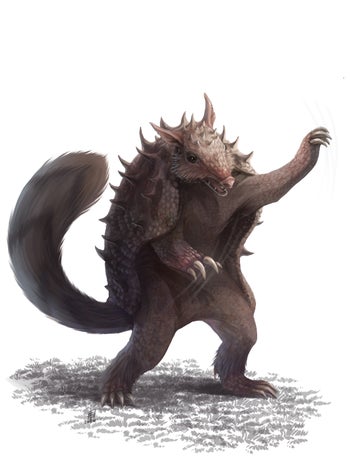 A spiked armadillo-like creature with a long fluffy tail, standing on its hind legs and reaching out