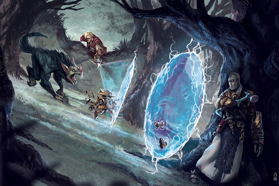 In a benighted forest clearing, a wolflike beast chases a clockwork goblin into a shimmering portal. The contraption is emerging from a nearby portal flanked by a half-orc wielding a giant hammer