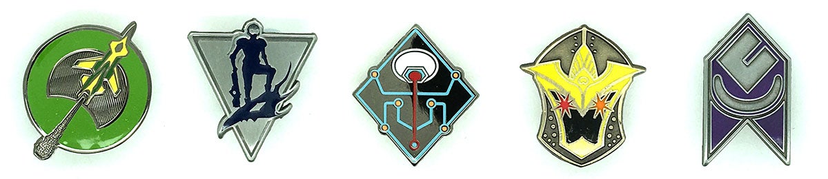 Starfinder Society faction pins for the Wayfinders, Aquisitives, Dataphiles,  Exo-guardians, and Second Seekers