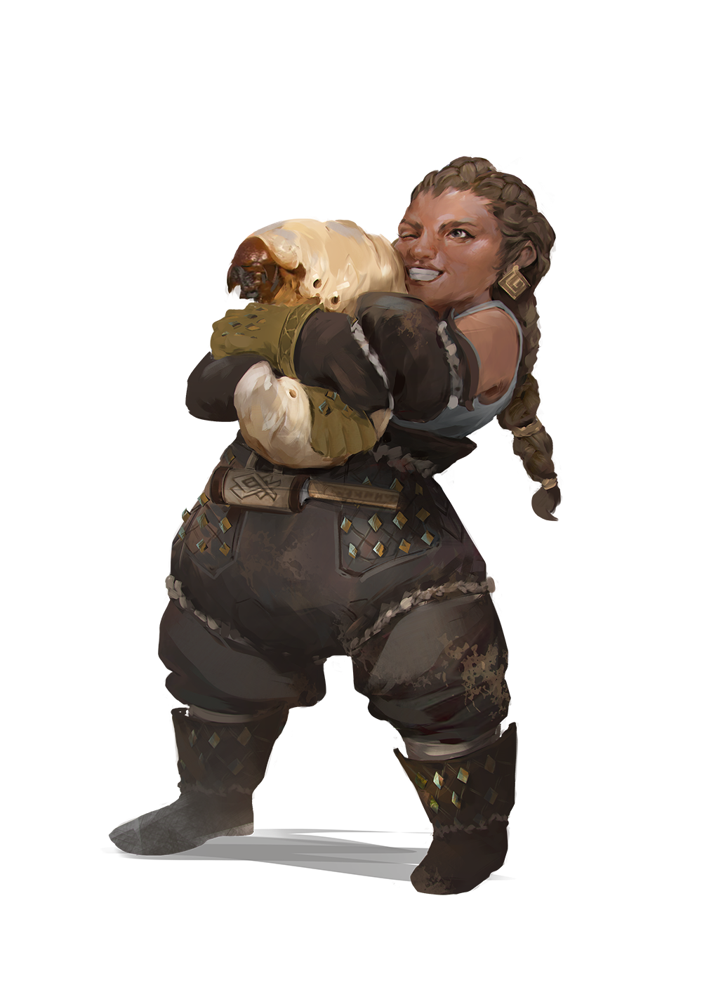 A dwarven woman with light skin is holding onto a grindlegrub, an enormous grub. She looks excited, the way someone does when holding a beloved pet.