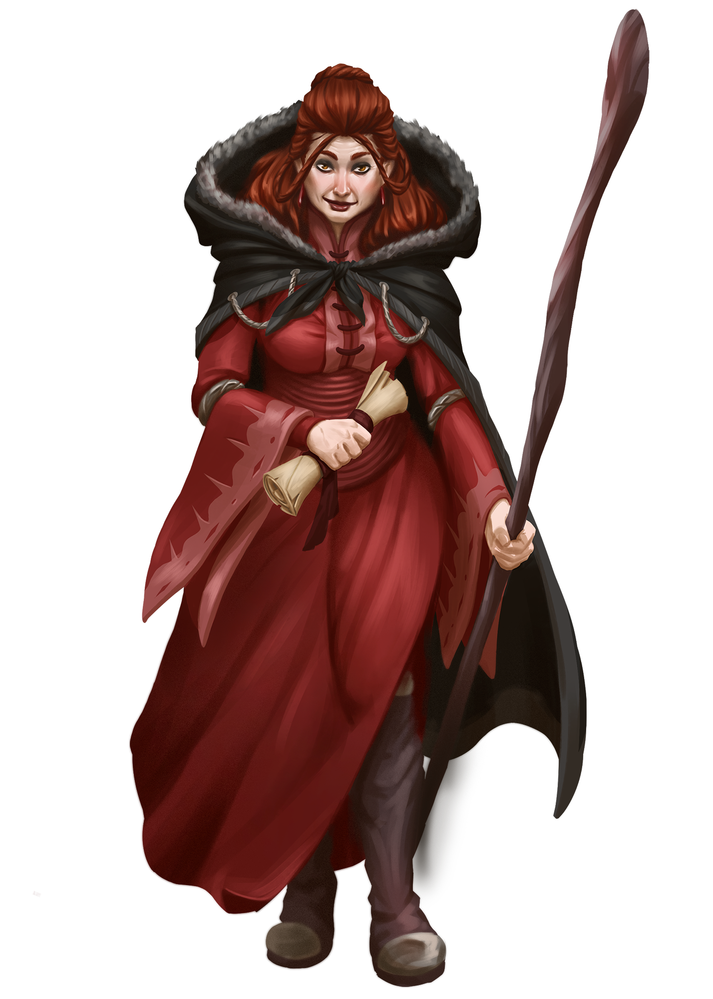 A red-haired woman with a hooded cloak, carrying a walking staff and a scroll