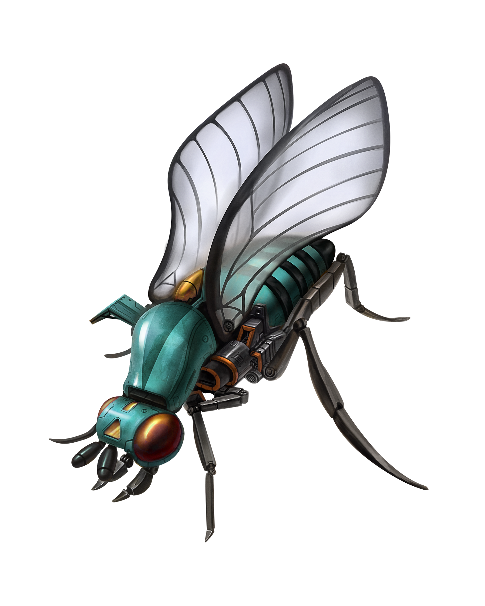 A starship designed to imitate a fly with a teal and silver body, and translucent white wings