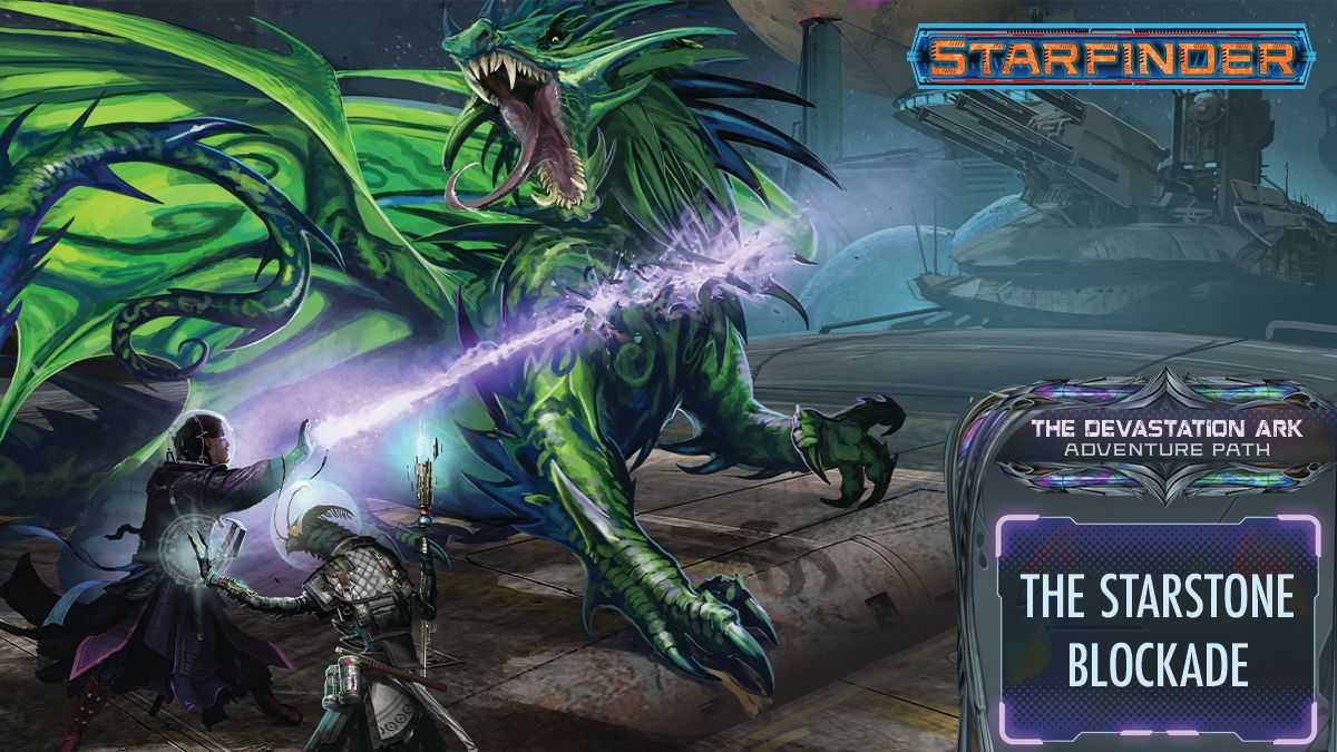 Starfinder Iconcics battles a large green dragon-like creature with wings and a spiked tail
