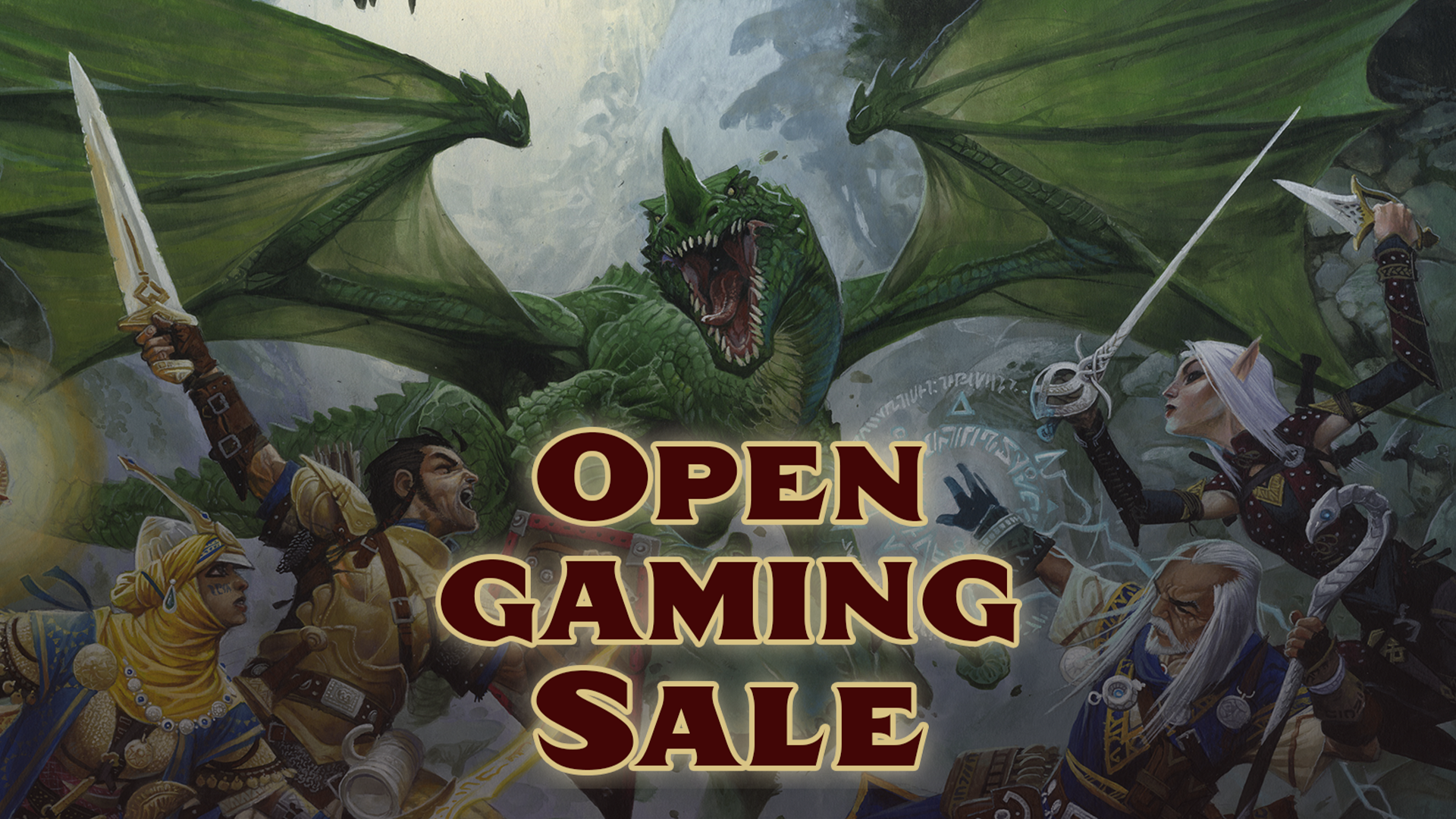 Open Gaming Sale text over-layed over an image of the pathfinder Iconics battling a flying green dragon