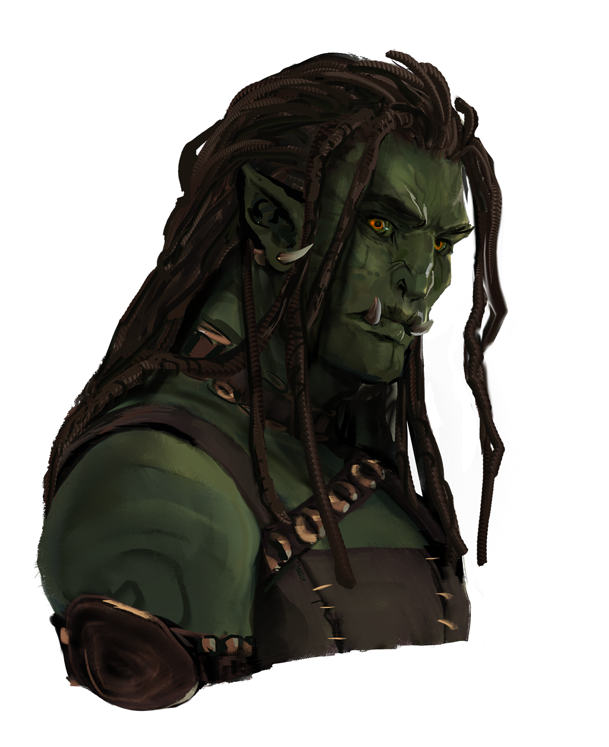 A half-orc man with dreadlocks and pointed ears, wearing leather armor.