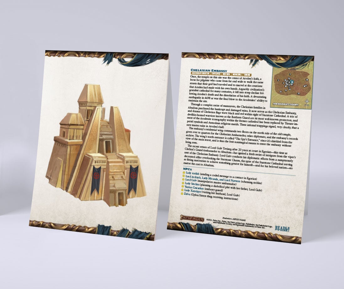 Absalom building mock up cards with art on one side and information on the other