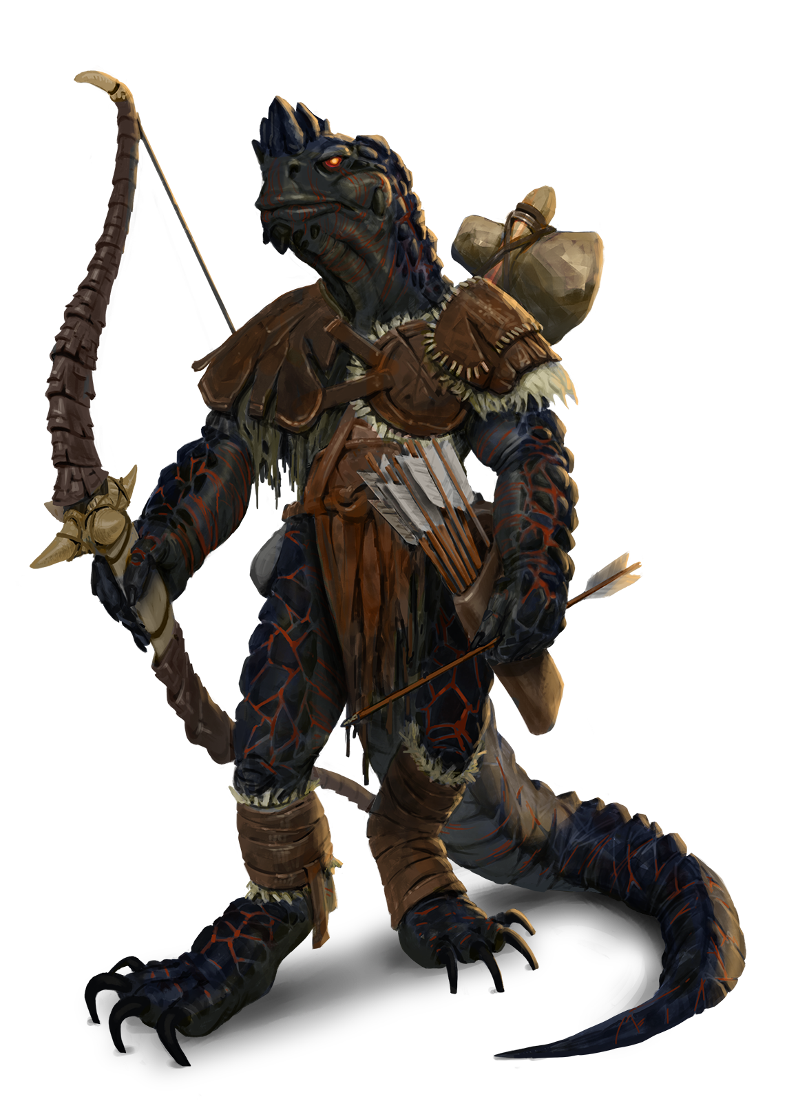 Ash Archer, a lizard-like tiefling iruxi  holding a bow