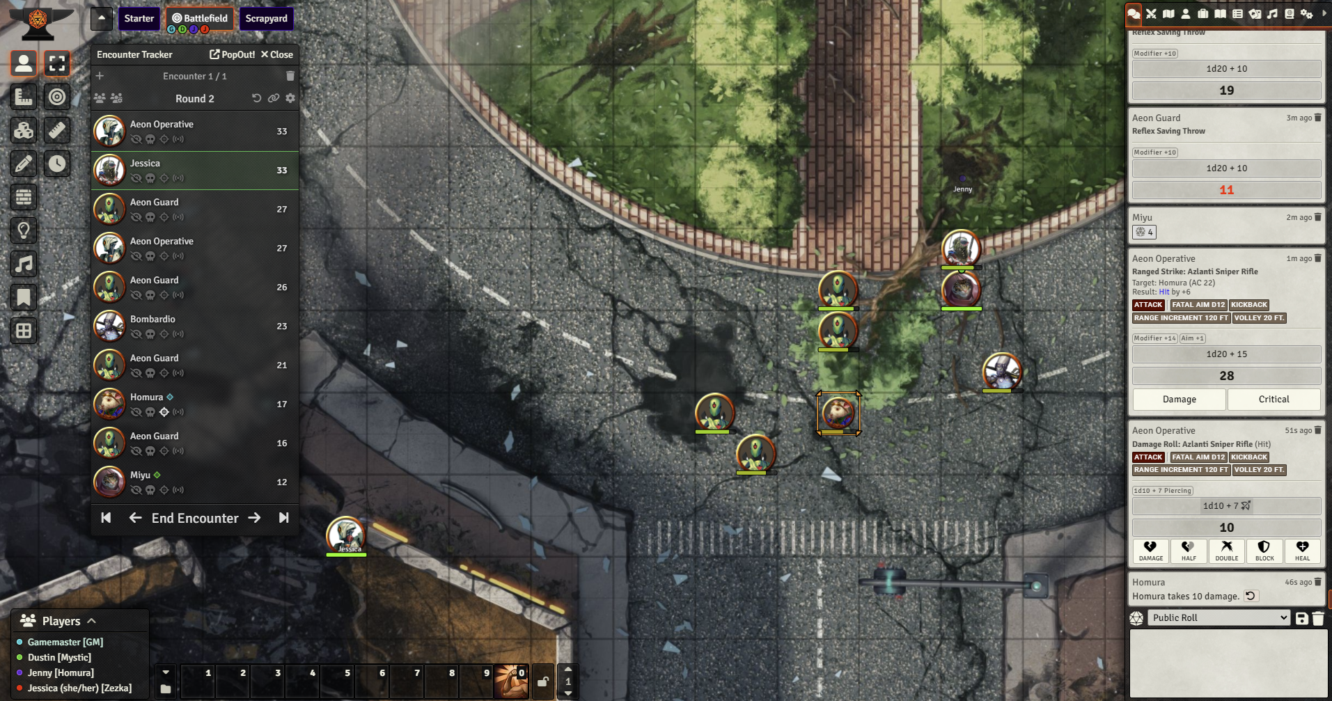 Top down view of virtual tabletop online map featuring a close up on damaged city square