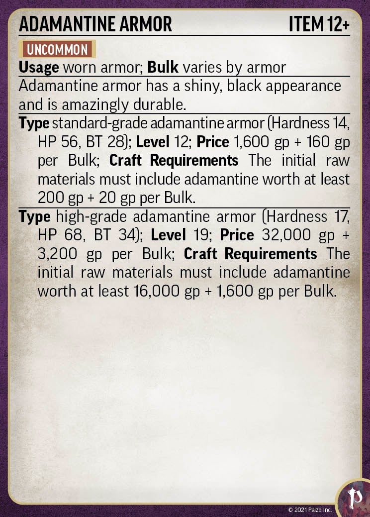 Adamantine Armor back of card stats