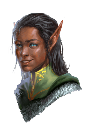 Nuandiall Ciranviash, artist Tom Ventre : The commander of Greengold’s Defensive forces, dressed in chainmail and a green cloak, smiles in greeting.