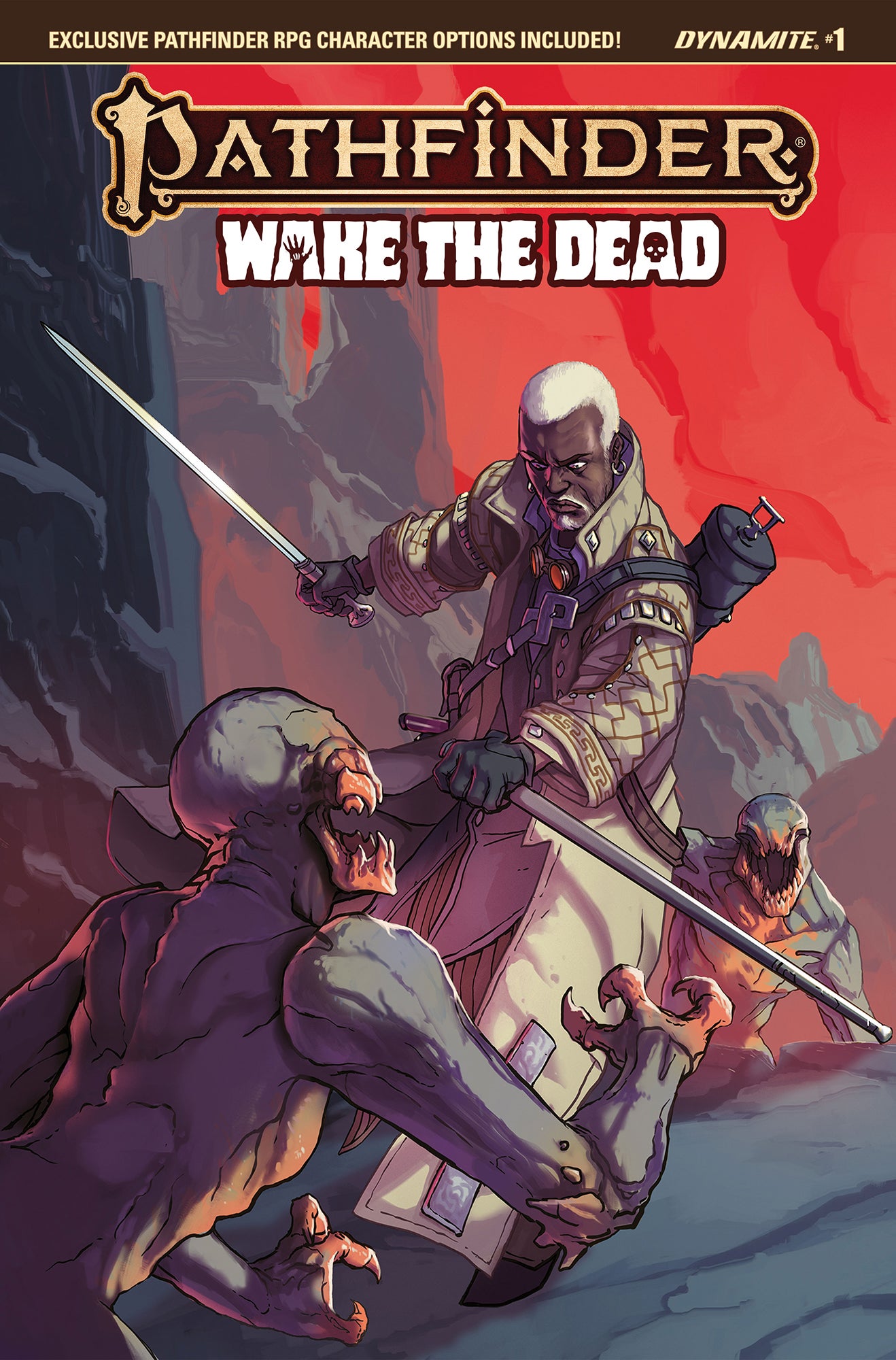 Pathfinder Wake The Dead by Dynamite comics : Quinn the iconic investigator fends off two undead with a sword in each hand 