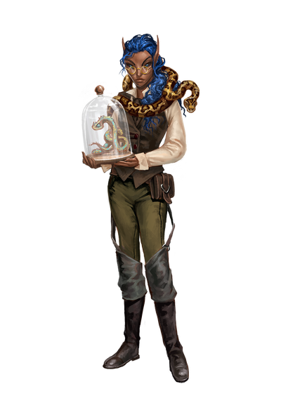 : A half-elf woman dressed like a researcher. She is holding a glass container with a snake inside and has another snake draped across her shoulders
