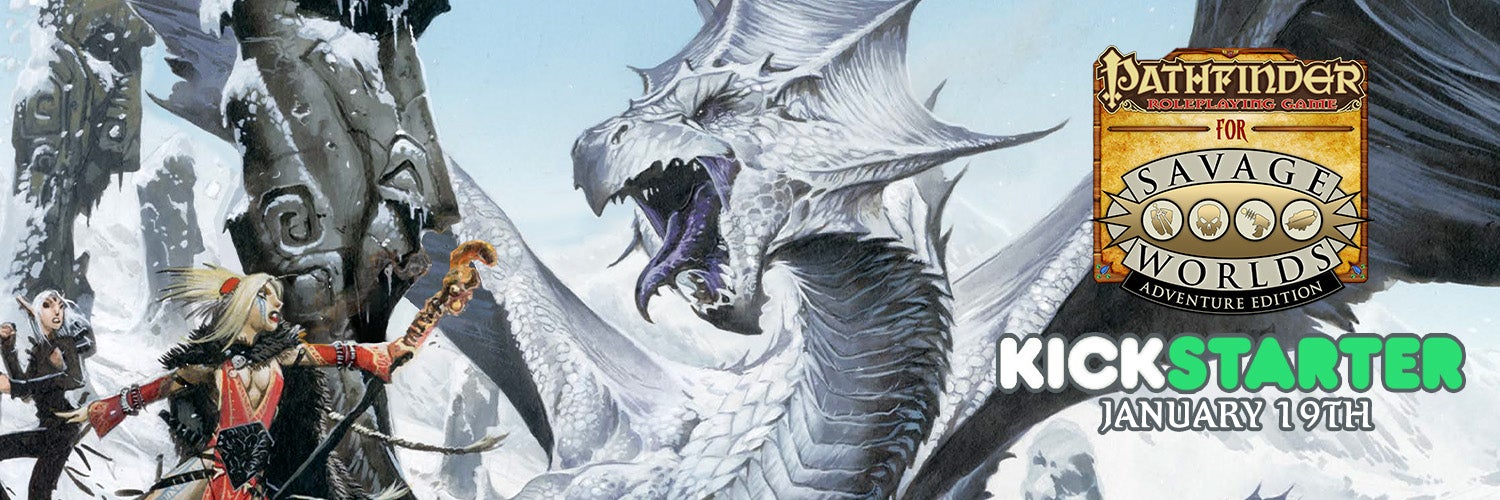 Savage Worlds on Kickstarter. Pathfinder iconics sorcerer Seoni and iconic rogue Merisiel battling a large white dragon
