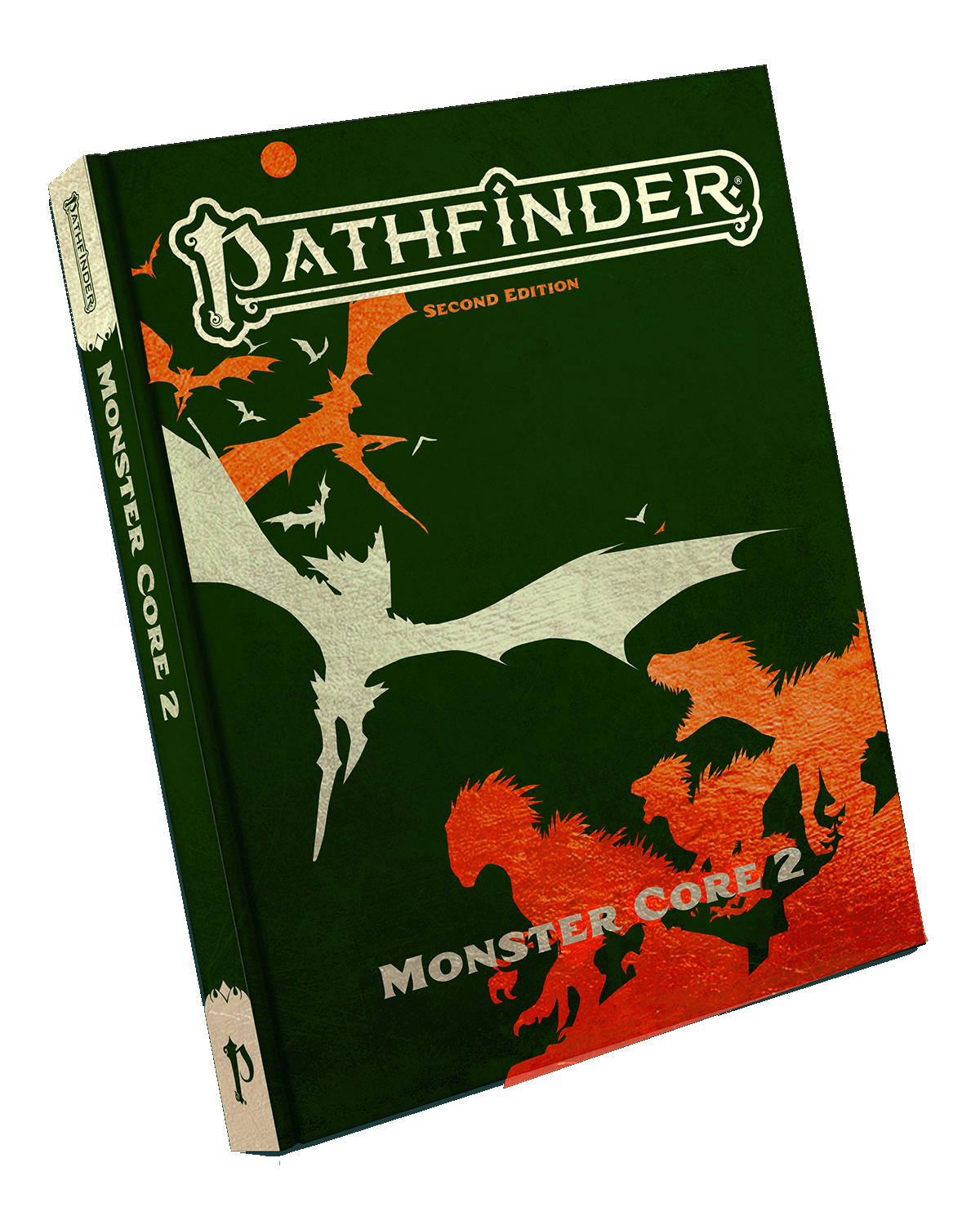 Pathfinder Second Edition Monster Core 2: The cover is a dark green leatherette texture with red and silver embossed monsters in the shape of raptors and large bat-like creatures.