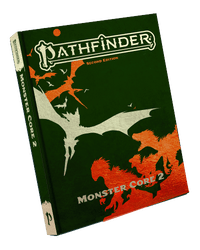 Pathfinder Second Edition Monster Core 2: The cover is a dark green leatherette texture with red and silver embossed monsters in the shape of raptors and large bat-like creatures.