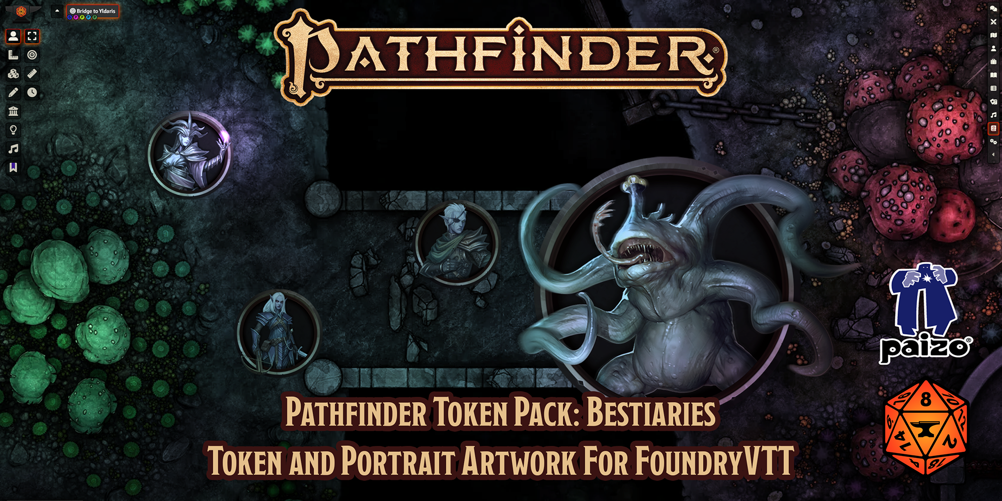 Pathfinder Token Pack: Bestiaries - Token and Portrait Artwork for Foundry VTT' text overlayed over image of Pathfinder Foundry Token pack screenshot featuring many different sized heroes facing a large many armed monsterT
