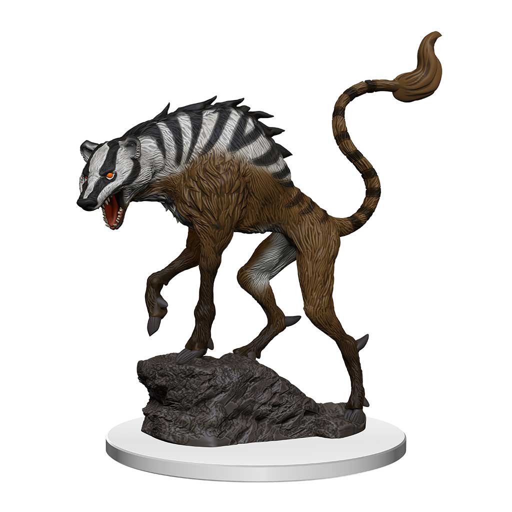 Leucrotta mini figure: a mix creatures with the head of a striped badger, the body of a cat and the feet of a stag