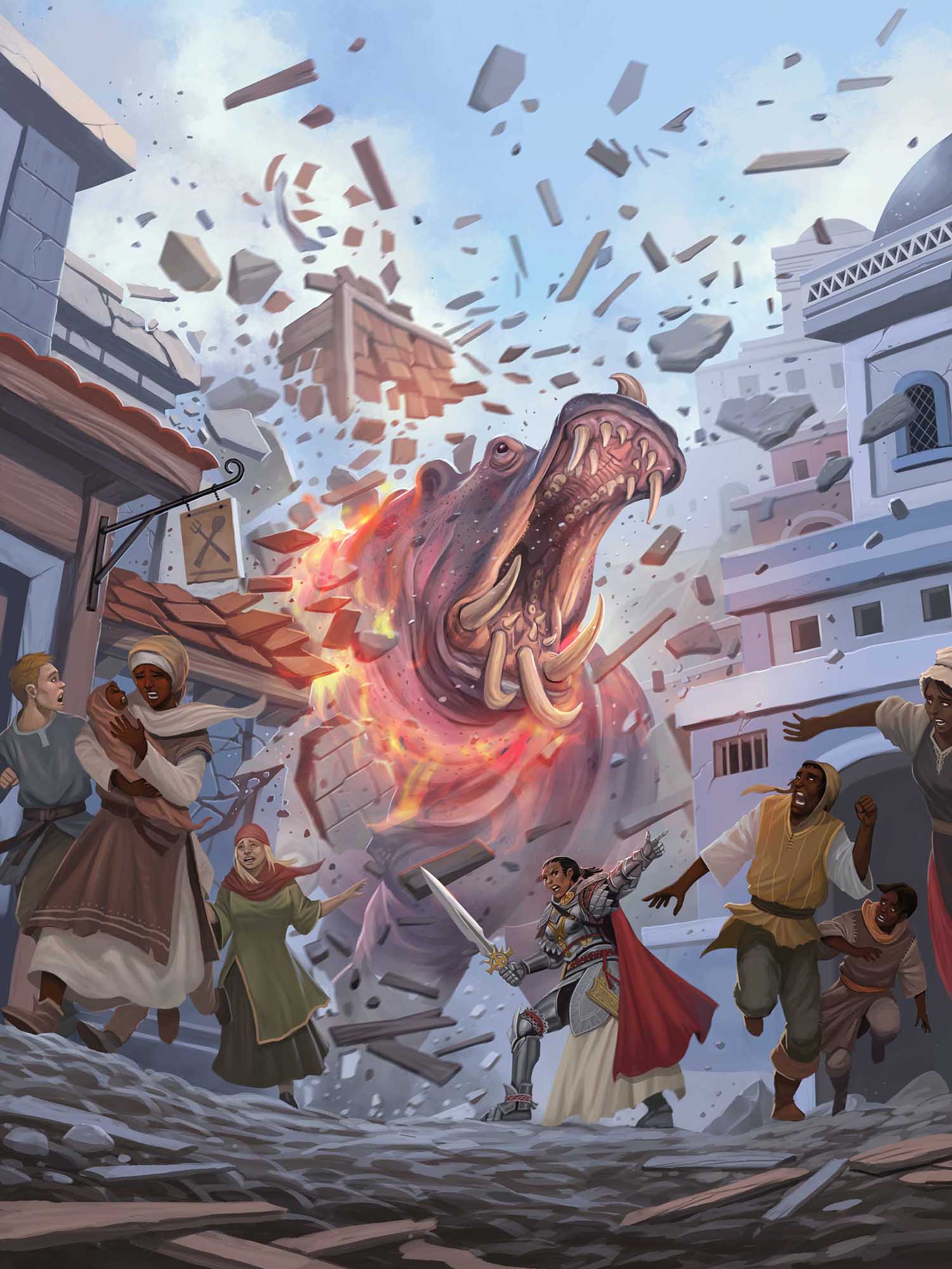 A large hippo-like creature rampages through a crowded street, breaking buildings as it moves. Pathfinder iconic, Seelah, stands before it, while urging civilians to runr