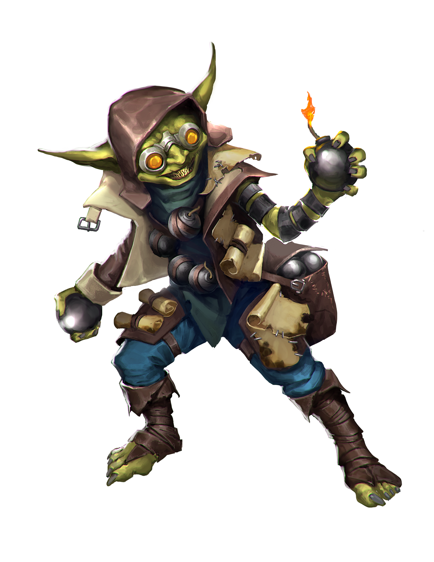 a goggle-wearing goblin has scraps of paper stuck to his leather armor, and wields a bomb with lit fuse in one hand