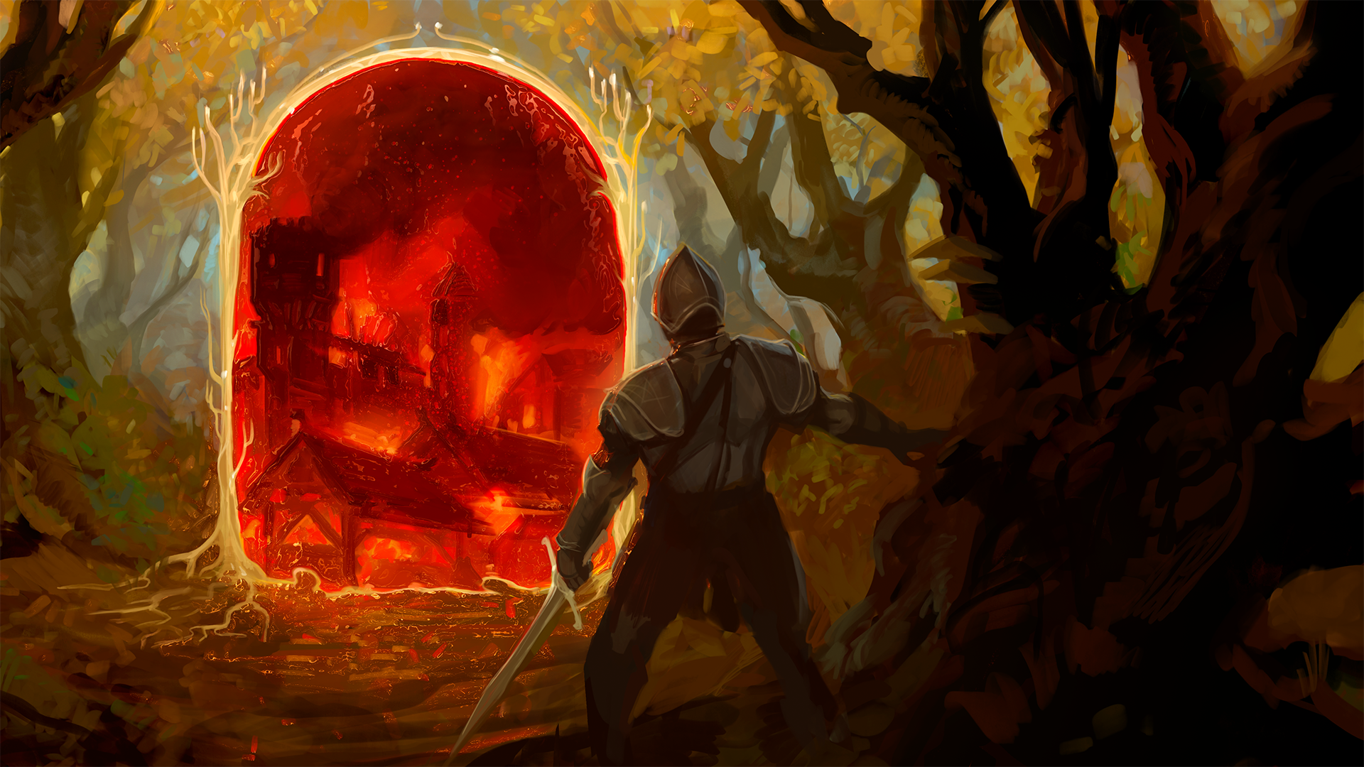 An armored adventurer stands in a forest looking into a magical gate shaped portal, on the other side of the portal is a town on fire