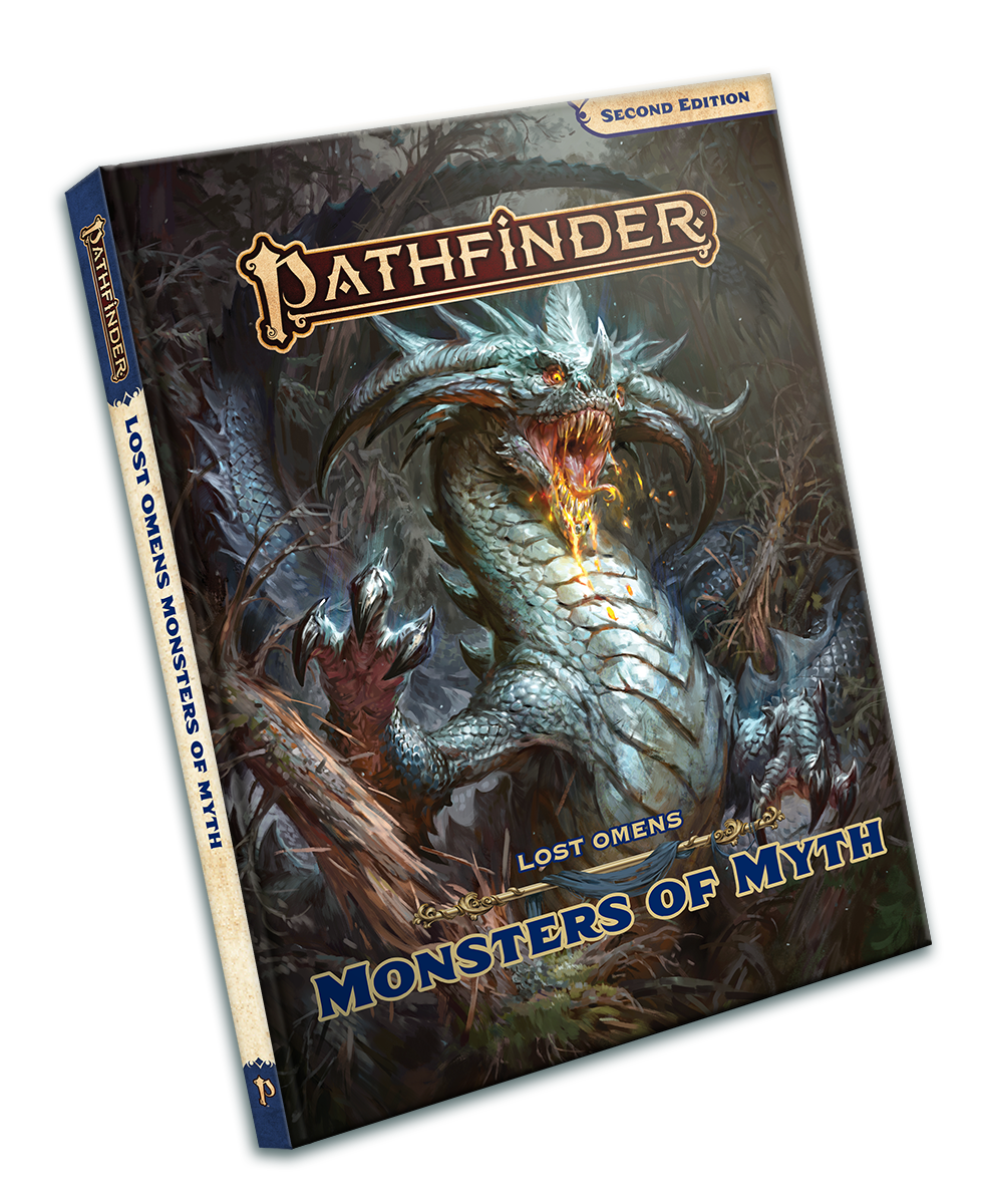 Pathfinder Lost Omens Monsters of Myth: a giant dragon rampages through a dark forests