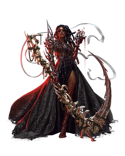 Art by Tatiana Pavlova: Deific vessel dressed in all black, wielding a large serrated sythe made of bones 