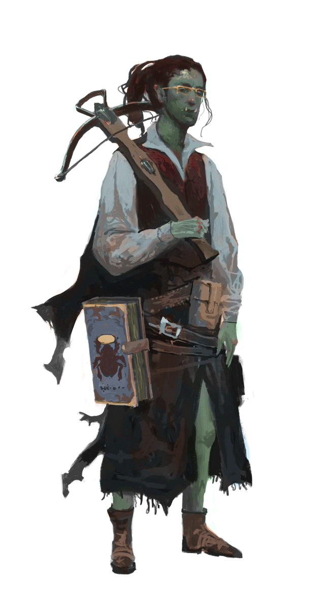 Sigvard Tornkvist, a half orc with hair pulled back and a book strapped to his hip, leaning a cross bow against his shoulder