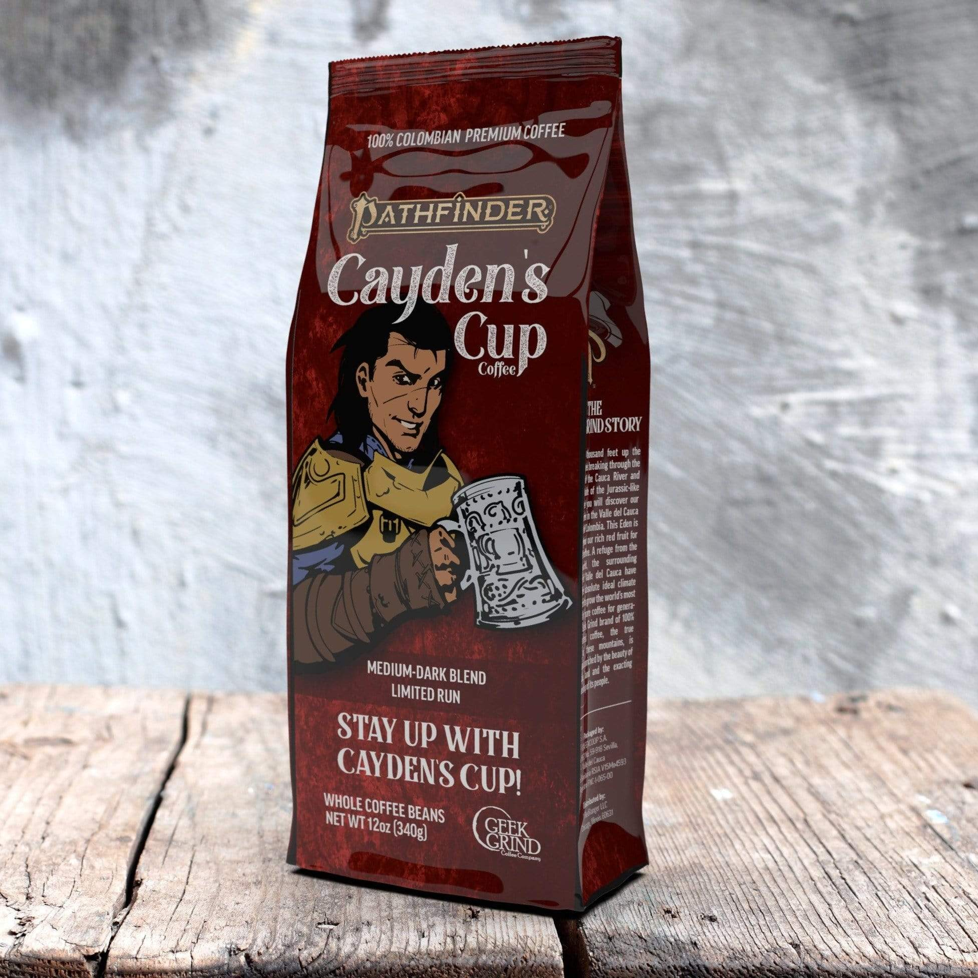 Geek Grind coffee Cayden's Cup featuring iconic fighter Valeros
