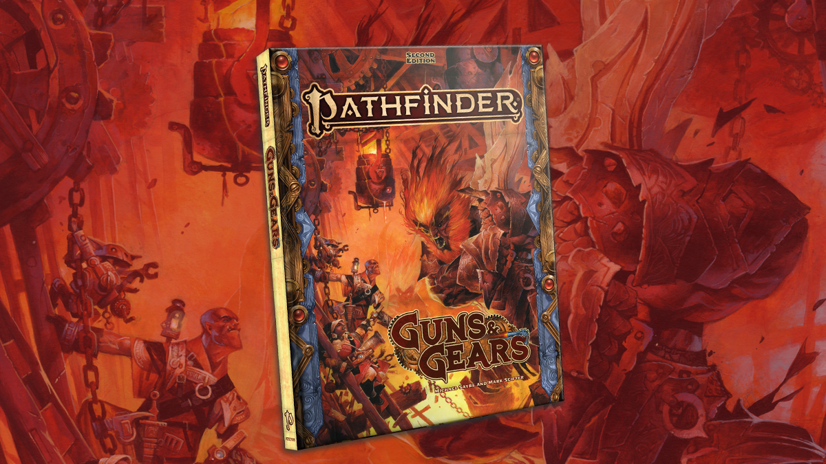 Pathfinder Guns and Gears: Pathifnder iconic inventor Droven, iconic gunslinger Nhalmika face a large fire giant baring down on them with a large sword