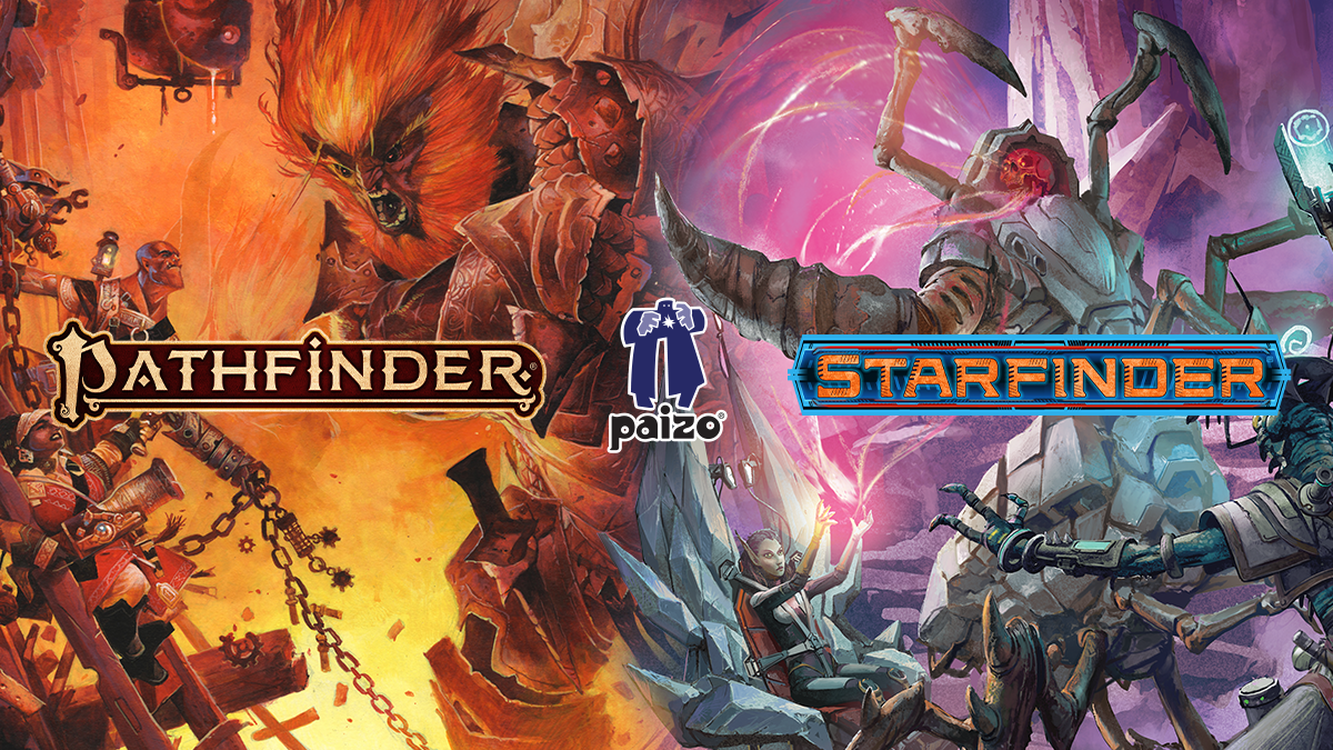Pathfinder, Starfinder, and Paizo logos overlayed over composited art from different books