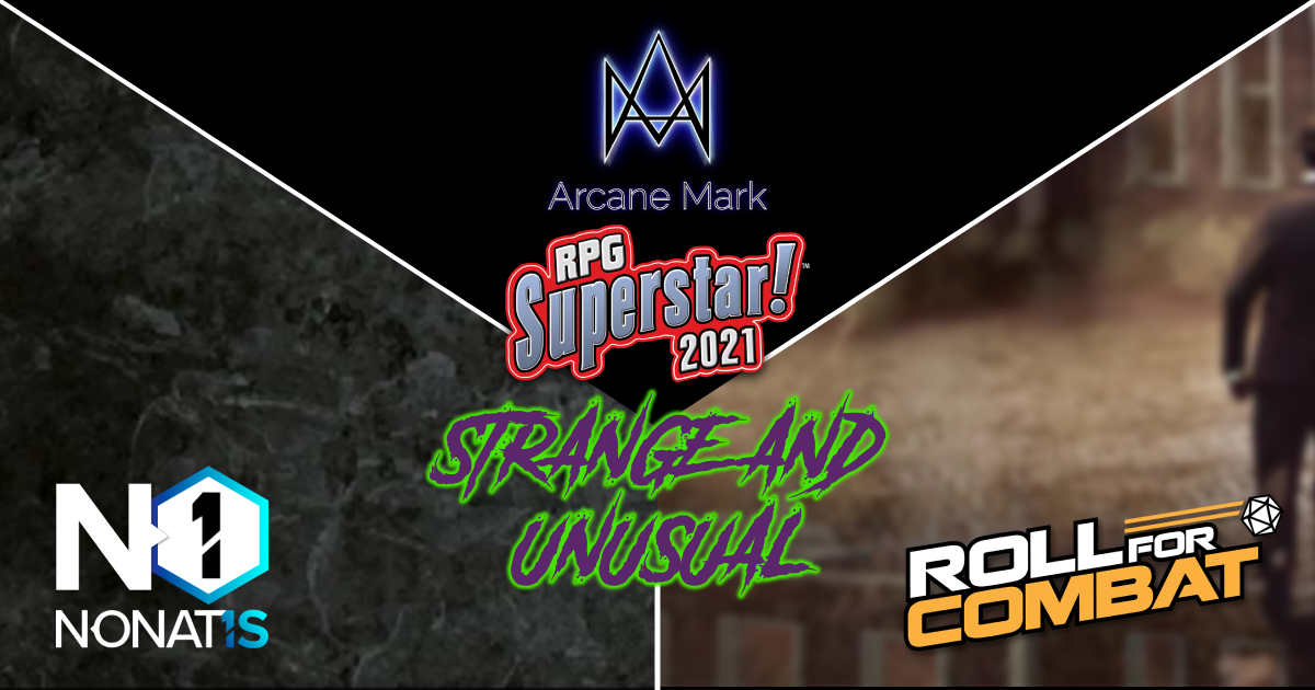 Composite image with the Arcane Mark, RPG Superstar!, NoNat1s, and Roll For Combat logos