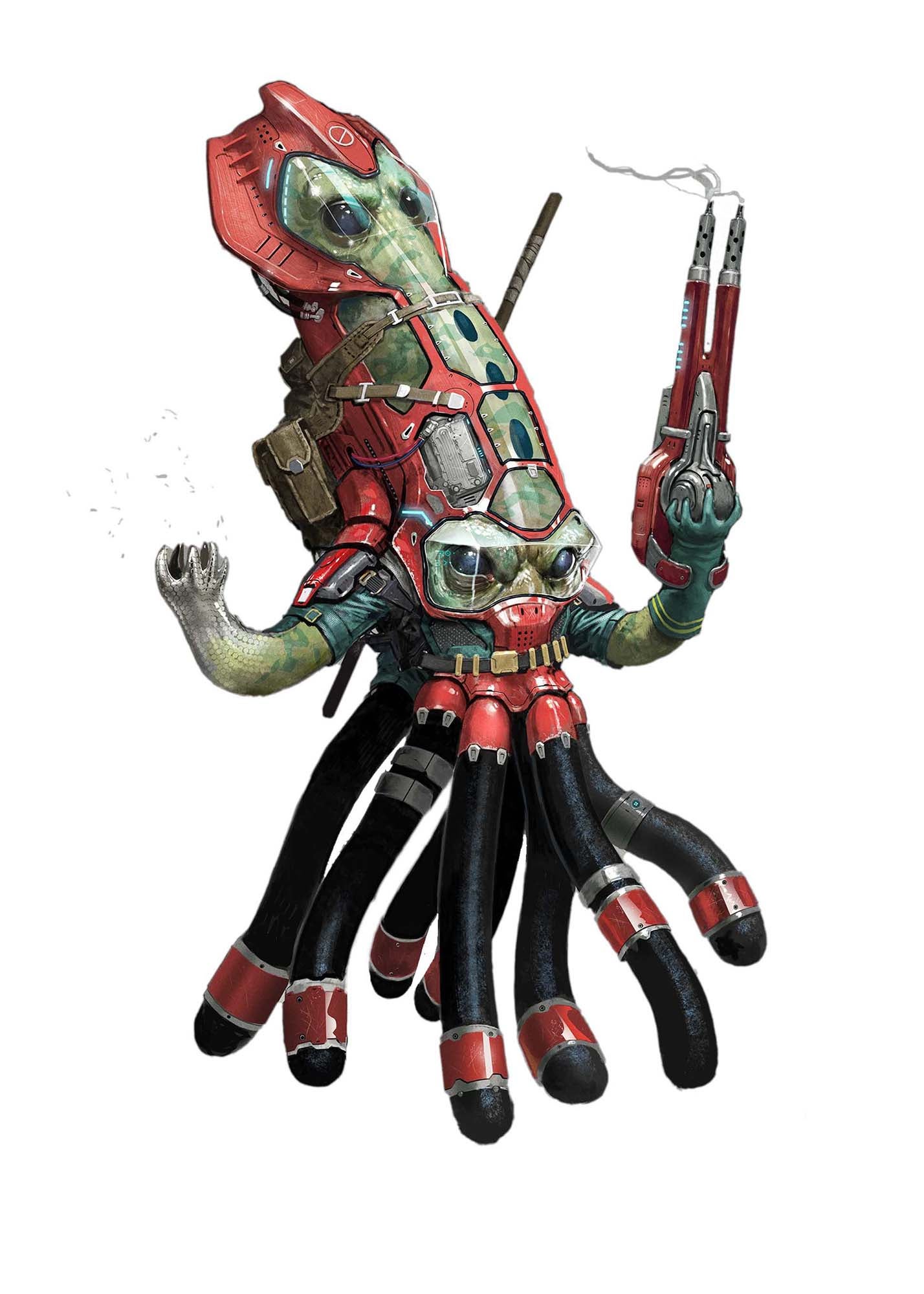 A giant squid creature with two pairs of eyes in its elongated head is dressed in an environmental space suit. A small cloud of microscopic nanites form into a weapon in its hand