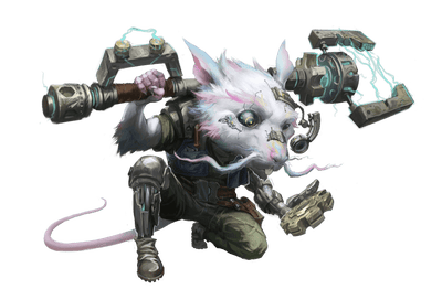 A Ysoki kneeling on the ground with an electric over one shoulder, investigating a small disk in their hand