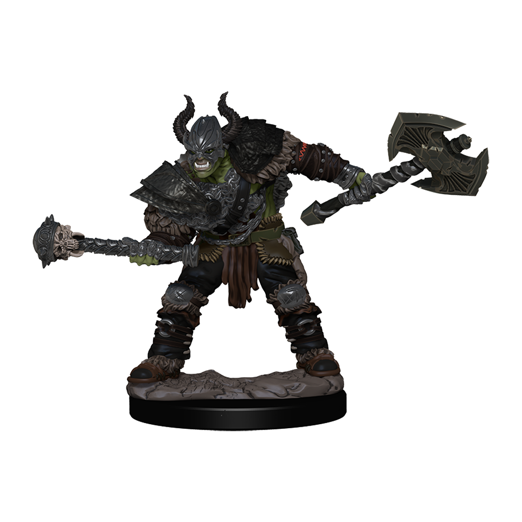 Half-Orc Barbarian male mini figure armed with a battle axe and mace