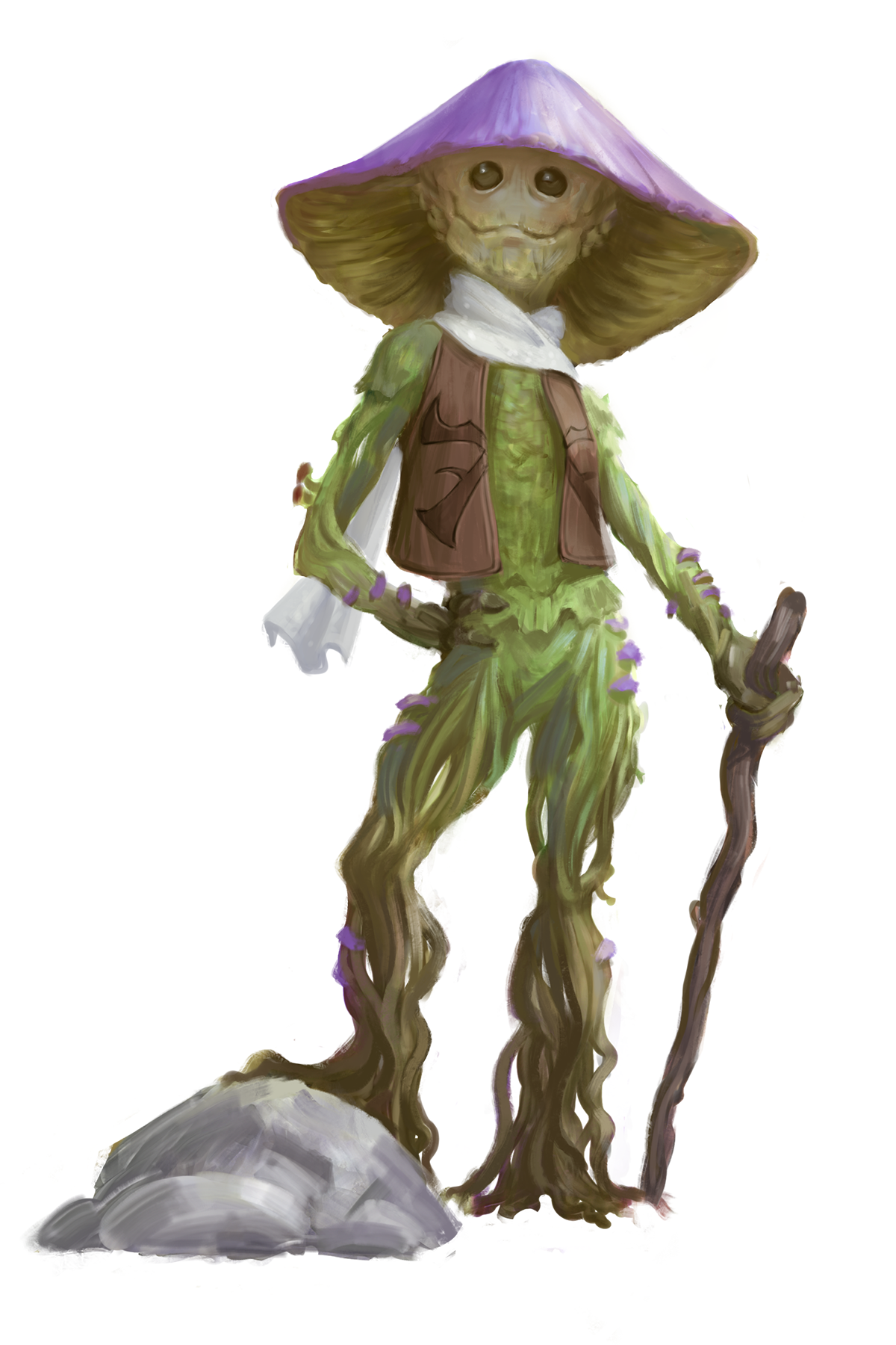 A mushroom leshy wearing a Pathfinder society vest and a white scarfs