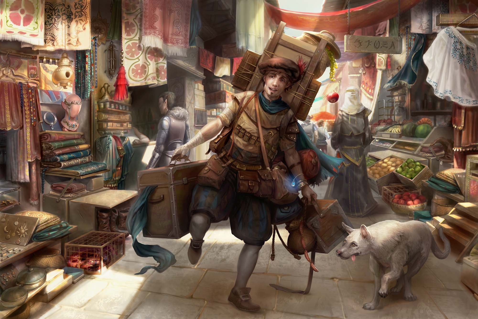 A young man carrying far too many boxes, bags, sacks, and other packages runs through a crowded bazaar while a white dog nips at his heels