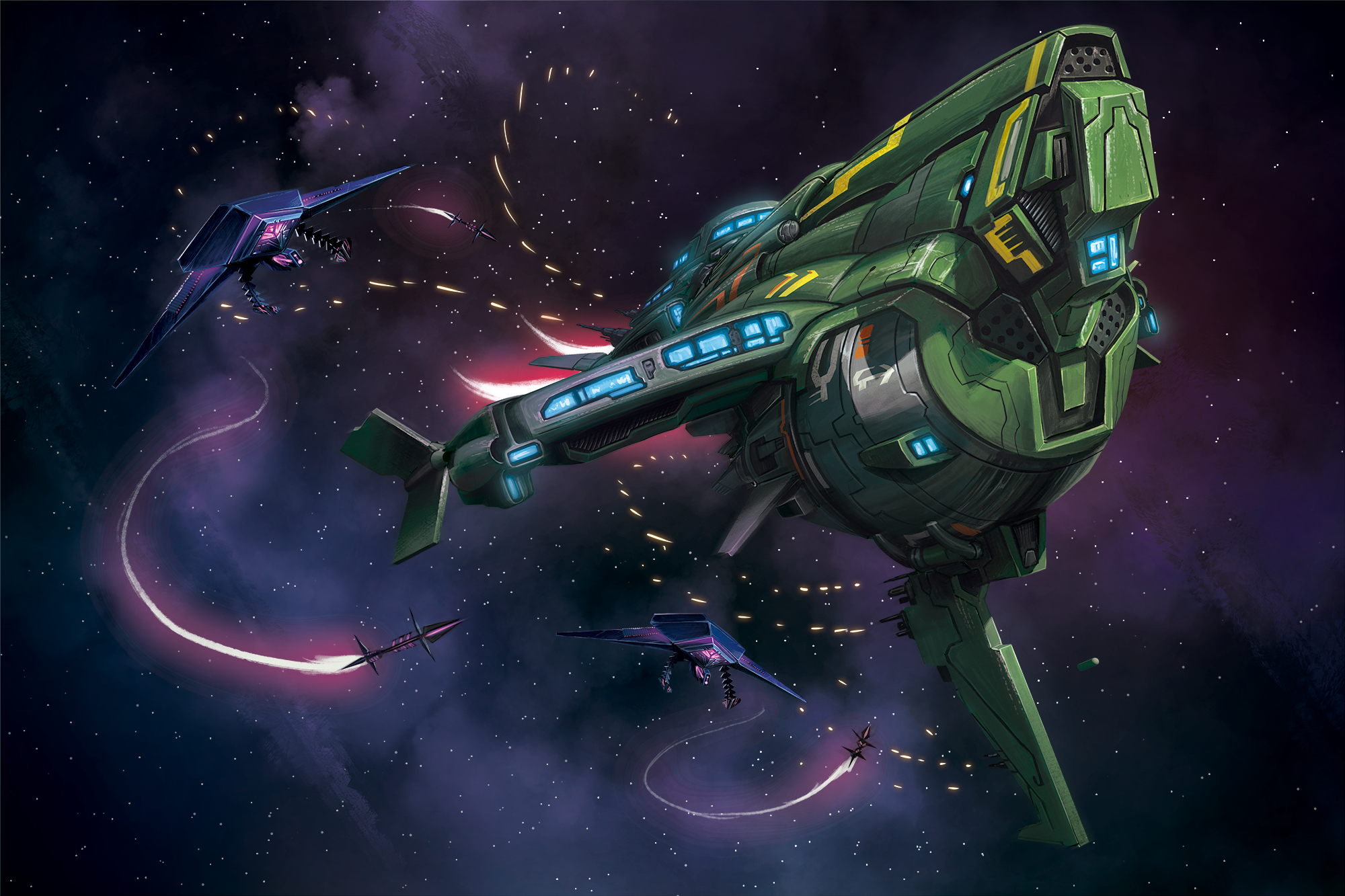 A green Veskarium starship flies away from two pursing triangular violet jinsul ships. The green ship is firing defense guns with spurts of bullets heading towards two incoming missiles fired by the pursuing vessels.