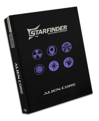 Starfinder Second Editon Alien Core Special Edition. The special edition has a dark, textured, leatherette cover with six purple embossed symbols on the cover.