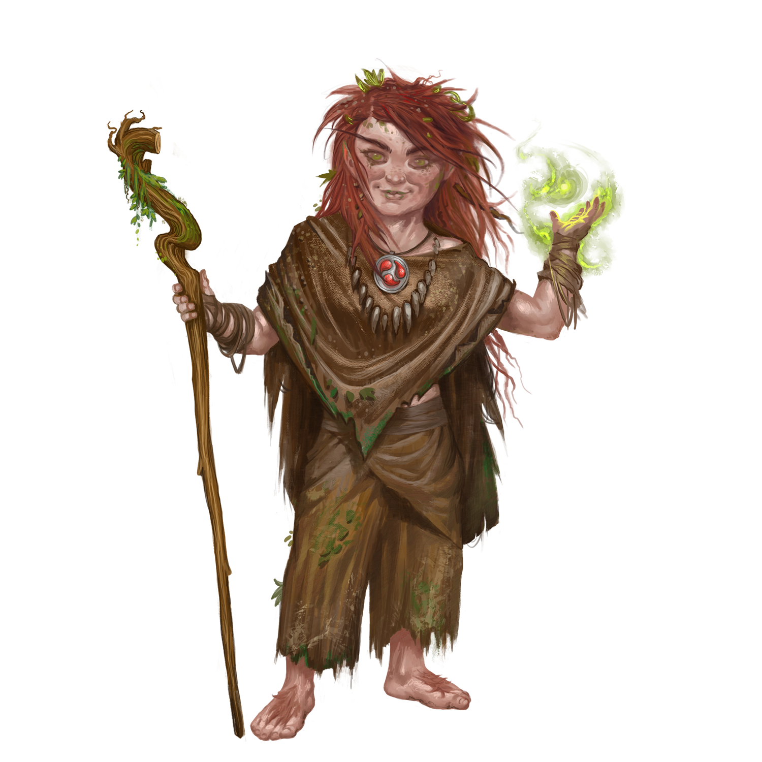 Ha female Uhlam halfling. She has light skin with freckles and a rosy completion from having spent long days out in the wild. Her hair is reddish/brown, and it runs a bit wild with twigs, leaves, and maybe even a small vine wrapped up inside (some of it looks accidental, but a few bits might be intentionally placed). She’s barefoot, wearing a rough spun tunic and simple breeches that mostly have earth tones with green highlights and leaf patterning. Overall, it looks like she might have rolled around in a bush a bit. Around her neck, she has a wolf-tooth pendant. She holds a gnarled walking staff in one hand, while mystical green runes surround her other hand, as if she’s casting a spell. Finally, she has a mystical symbol on her neck, like three comets trailing each other. This symbol is identical to the one on her wolf companion.