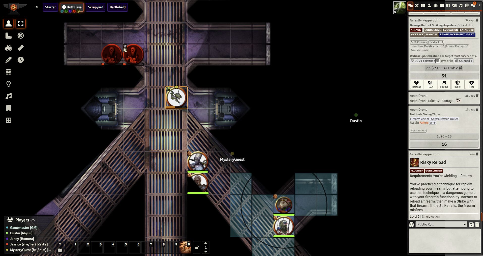 Top down view of virtual tabletop online map featuring an interior walkway
