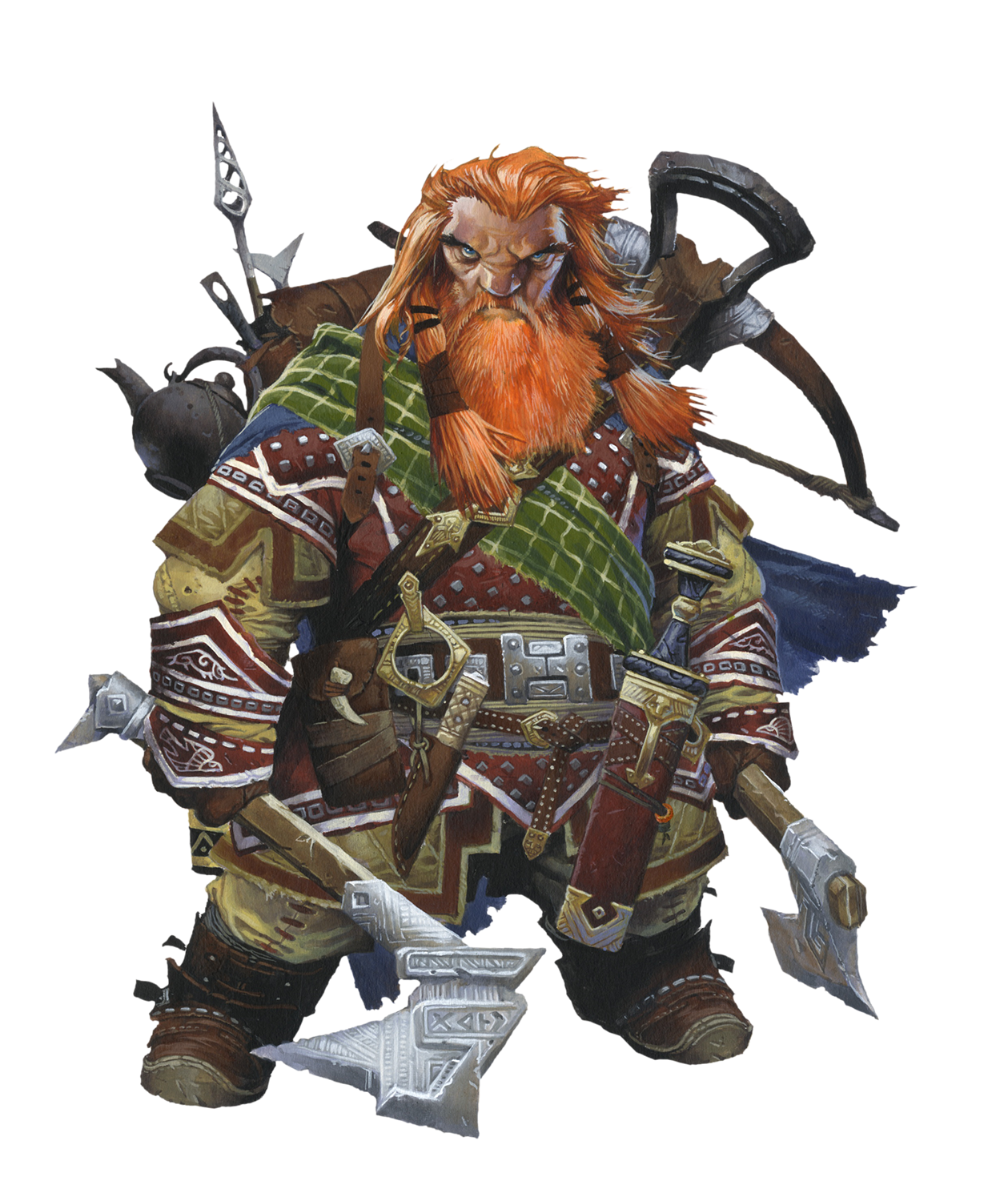 Pathfinder Iconic Ranger,  Harsk. A red headed dwarf holding an axe in each hand 