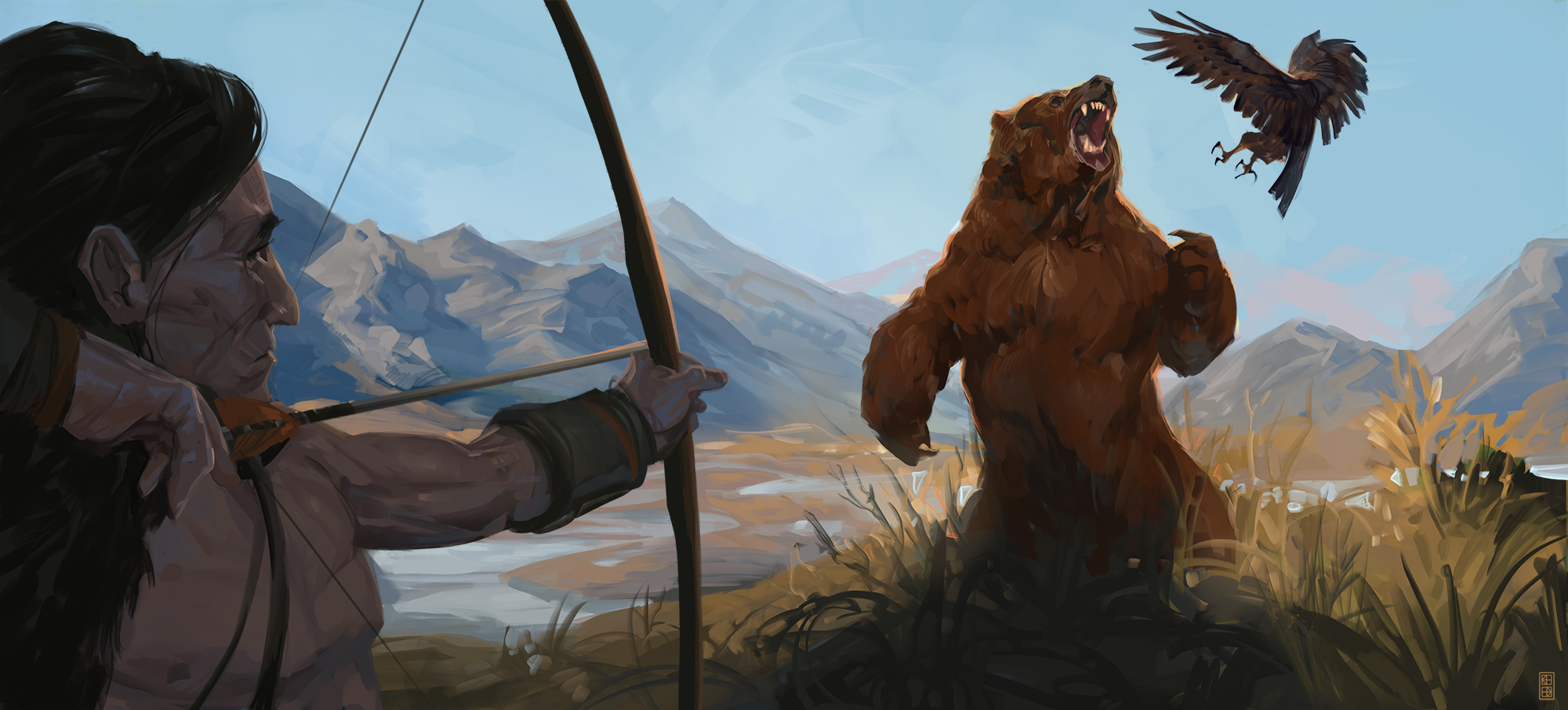 A lone hunter draws a bow, aiming at a bear standing on two legs. The bear is distracted by a falcon flying near its head. Large mountains loom in the distance