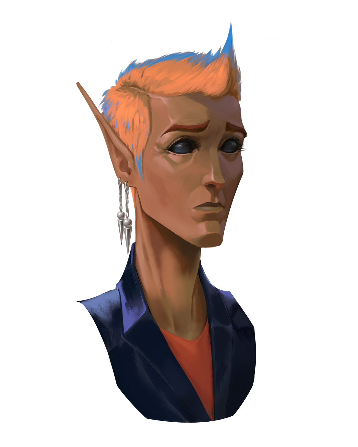 A short haired, blonde, worried looking sylph elf, with two earrings handing from their right ear