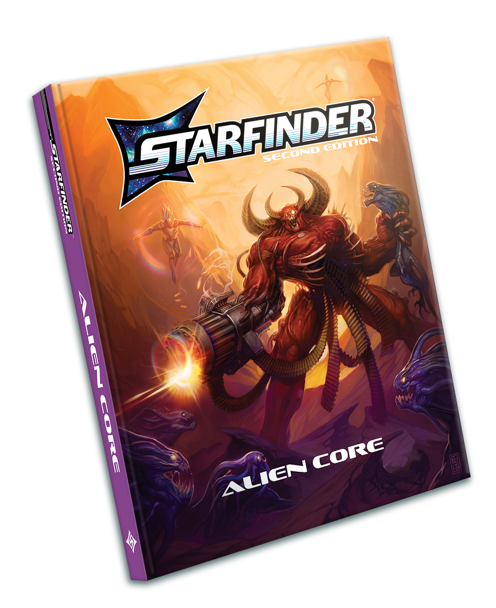 Starfinder Second Edition Alien Core: the cover art features a large, red skinned, demon firing a large gun that's been implanted in their arm while gripping a smaller alien in their other hand.