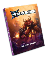 Starfinder Second Edition Alien Core: the cover art features a large, red skinned, demon firing a large gun that's been implanted in their arm while gripping a smaller alien in their other hand.